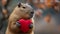 Capybara holds a big red heart in her paws on a minimalistic bright background