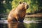 Capybara, hydrochoerus hydrochaeris, the largest house by the water with evening lighting during sunset. An orange evening with a