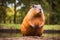 Capybara, hydrochoerus hydrochaeris, the largest house by the water with evening lighting during sunset. An orange evening with a