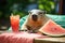Capybara lying on a lounge chair by the pool, with watermelon juice