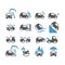 Car accident, insurance black vector icon set. Frontal collision, crush, flood, fire car accidents