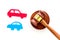 Car accident lawsuit concept. Two collided cars near judge gavel on white background top view