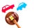 Car accident lawsuit concept. Two collided cars near judge gavel on white background top view copy space