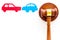 Car accident lawsuit concept. Two collided cars near judge gavel on white background top view copy space