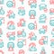 Car accident seamless pattern with thin line icons: crashed cars, tow truck, drunk driving, safety belt, traffic offense, car