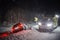 Car accident on slippery winter road at night