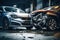 Car accident of two cars, collision of cars. Two cars are damaged after a head-on collision, a car accident. Car accident on the