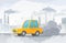 Car air pollution. City road smog, factories smoke and industrial carbon dioxide clouds vector illustration