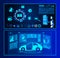 Car auto futuristic service vector illustration, cartoon 3d virtual graphical interface with automotive statistics