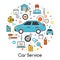 Car Auto Maintenance Service Line Art Thin Icons Set with Vehicle and Mechanic Tools
