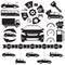 Car and auto service Infographics elements. Transportation black icons and symbols isolated on white background. Vector