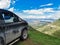 A car on the background of a view of the Matlas plateau. Khunzakhsky district. Dagestan Russia 2021