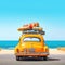Car on the beach. Small retro car with baggage luggage and beach equipment.