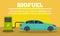 Car at biofuel station concept banner, flat style