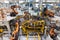 Car bodies are on assembly line. Factory for production of cars. Modern automotive industry. Top view