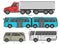 Car body style. Outline Public transport and Passenger Coupe. City bus, color heavy truck, cartoon Van. Three and five