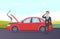 Car breakdown. Road assistance cartoon illustration. Vector businessman need car repair service