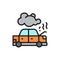 Car broke down, automobile smoking under hood, accident flat color line icon.