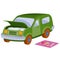 The car broke down and stands with the hood open, tools lie next to it on a mat, cartoon illustration, isolated object on a white