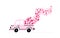 Car carries love heart. Pink pickup truck containing romantic delivery. Happy holiday celebration greeting card