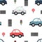 Car childish seamless pattern with traffic lights  crosswalks and colorful cars isolated on white background. Hand drawn vector