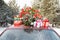 Car with Christmas tree and gifts on roof in forest, closeup