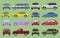 Car city different model objects icons set multicolor automobile supercar. Wheel symbol top and front view side car