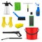 Car cleaning and washing products set realistic vector illustration. Gloves rag brush sponge bucket