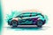 a car with a colorful design on the front of it\\\'s body and wheels, parked on a wet surface with a sp