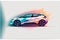 a car with a colorful design on the side of it\\\'s body and wheels, on a white background with a splas