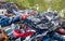 Car compound for scrap metal recycling viewed from above