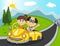 Car, a couple old passengers with hill, mountain and road background cartoon