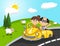 Car, a couple old passengers, Hill and sheep background cartoon