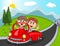Car, a couple young passengers with hill, mountain and road background cartoon