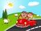 Car, a couple young passengers with Hill and sheep background cartoon