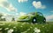 Car covered in gras and flowers in the green field. Ecology and renewable energy concept. Generative Ai illustration