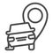 Car crash location line icon. Auto with map pin pointer, safe driving symbol, outline style pictogram on white