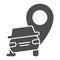 Car crash location solid icon. Auto with map pin pointer, safe driving symbol, glyph style pictogram on white background