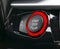 Car dashboard with focus on red engine start stop button, car interior details.