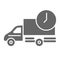 Car delivery solid icon, delivery symbol, fast logistic lorry with clock vector sign on white background, shipping truck