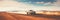 Car on desert highway road banner. Car trip along desert mountain landscape, panoramic web header