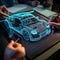 car design using a holographic application on a digital tablet. Develop a modern electric car. generated AI