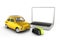Car diagnostic concept Close up of laptop with empty screen OBD2 wireless scanner and retro car on white background 3d