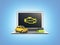 Car diagnostic concept Close up of laptop with OBD2 wireless scanner and retro car on blue gradient background 3d illustration