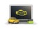 Car diagnostic concept Close up of laptop with OBD2 wireless scanner and retro car on white background 3d illustration without