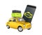 Car diagnostic concept Close up of OBD2 wireless scanner with smartphone and retro car on white background 3d illustration without