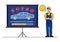 Car diagnostics loading bar with serviceman vector illustration