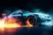 Car drifting, Blurred image diffusion race drift car with lots of smoke from burning tires AI generated