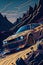 Car drifting illustration on mountain retro dramatic scene. generative AI