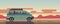 Car drive on sunset background. Cartoon auto travel